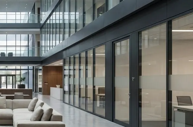Arquitectura corporativa y atrio de oficinas de vidrio